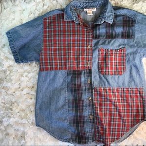 VINTAGE short sleeve patchwork blue shirt. Size L